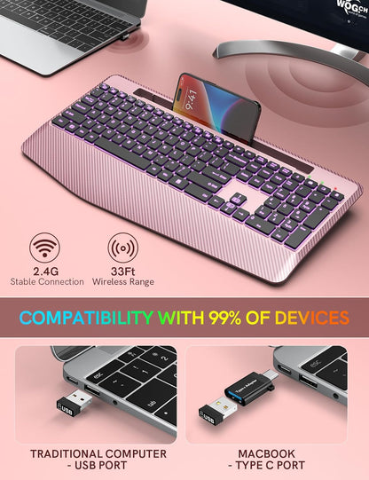 Wireless Keyboard with 7 Colored Backlits Wrist Rest, Phone Holder, Rechargeable Ergonomic Computer Keyboard with Silent Key, Full Size Lighted Keyboard for Windows, Mac, PC, Laptop (Rose gold)