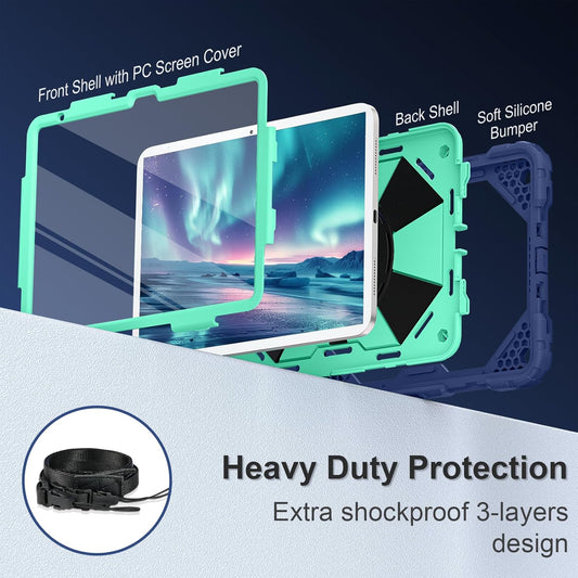 Case for iPad (A16) 11th Generation 11 Inch (2025), iPad 10th Generation Case 10.9 Inch (2022), Shockproof Cover with 360° Rotating Stand Screen Protector Pen Holder Shoulder Strap, Navy Mint