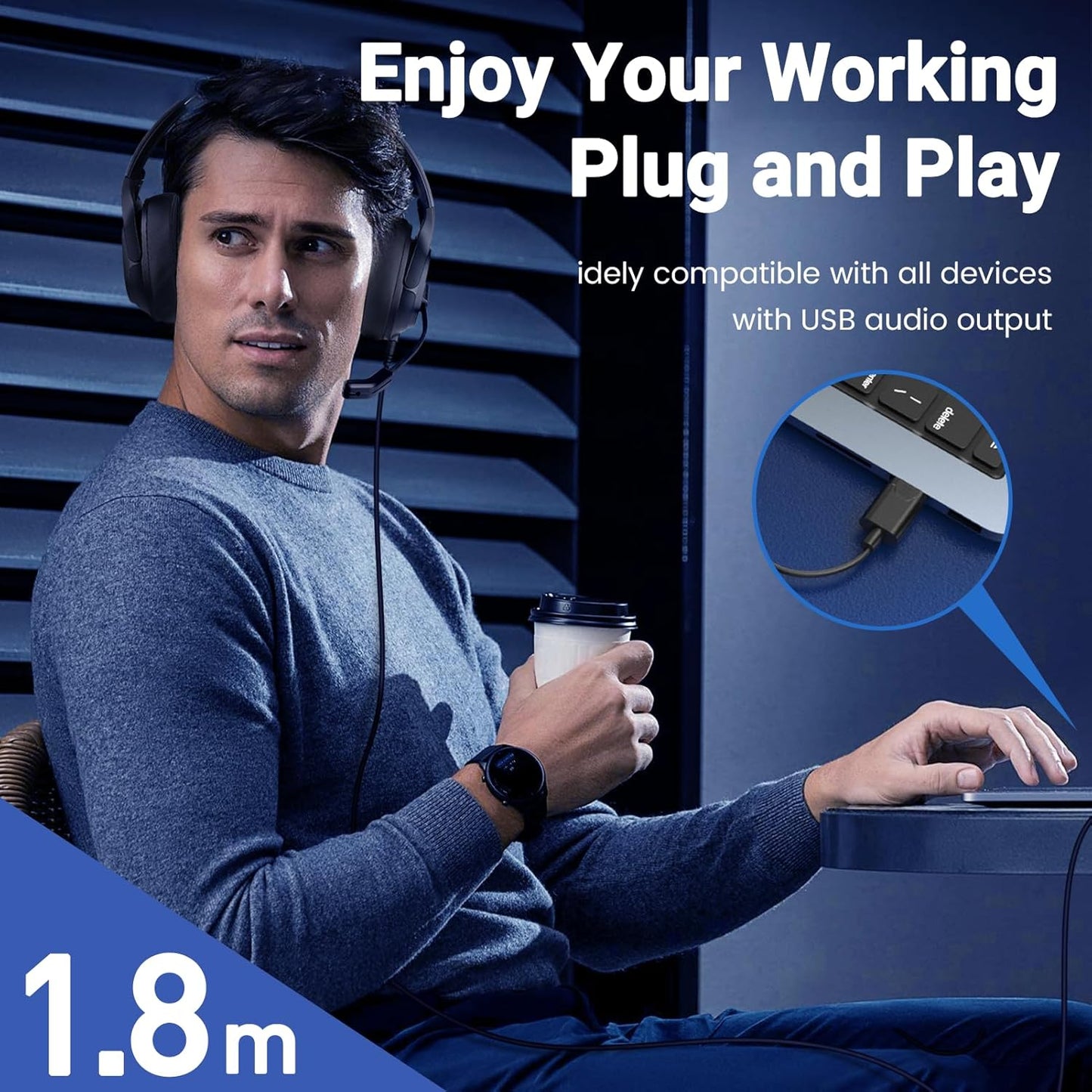 Headset with Microphone for PC, USB Computer Headsets AI-Powered Environmental Noise Cancelling Headphone with Busylight, Mic Mute Boom & Volume Control, Wired Over-Ear Headset for Laptop/Work/Office