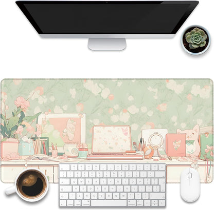 Desk Pad, Kawaii Anime Style Desk Mat, Green Cute Desktop Large Gaming Mouse Pad for Desk, 31.5"x15.7" Extended Big Computer Keyboard Mouse Pad with Non-Slip Base and Stitched Edge