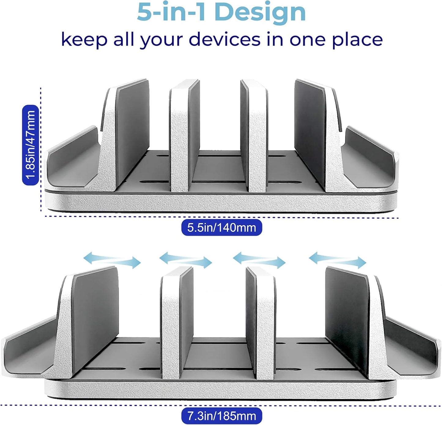 Adjustable Laptop Stand, 5 Slots, Aluminum Space-Saving, for Apple MacBook/Surface/Galaxy/Tablet/iPad/iPhone, Silver