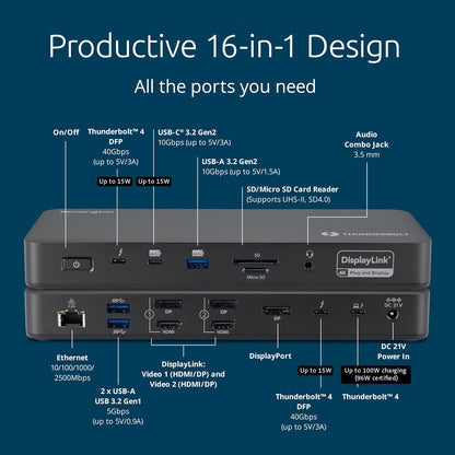 Kensington SD5910T DisplayLink Docking Station Thunderbolt 4, Quad 4K for MacBook Pro/Air M1/M2/M3/M4 with Pro and Max Chipsets, 100W PD, HDMI/DP/TB4, SD/Micro SD Card Slots (K35233NA)