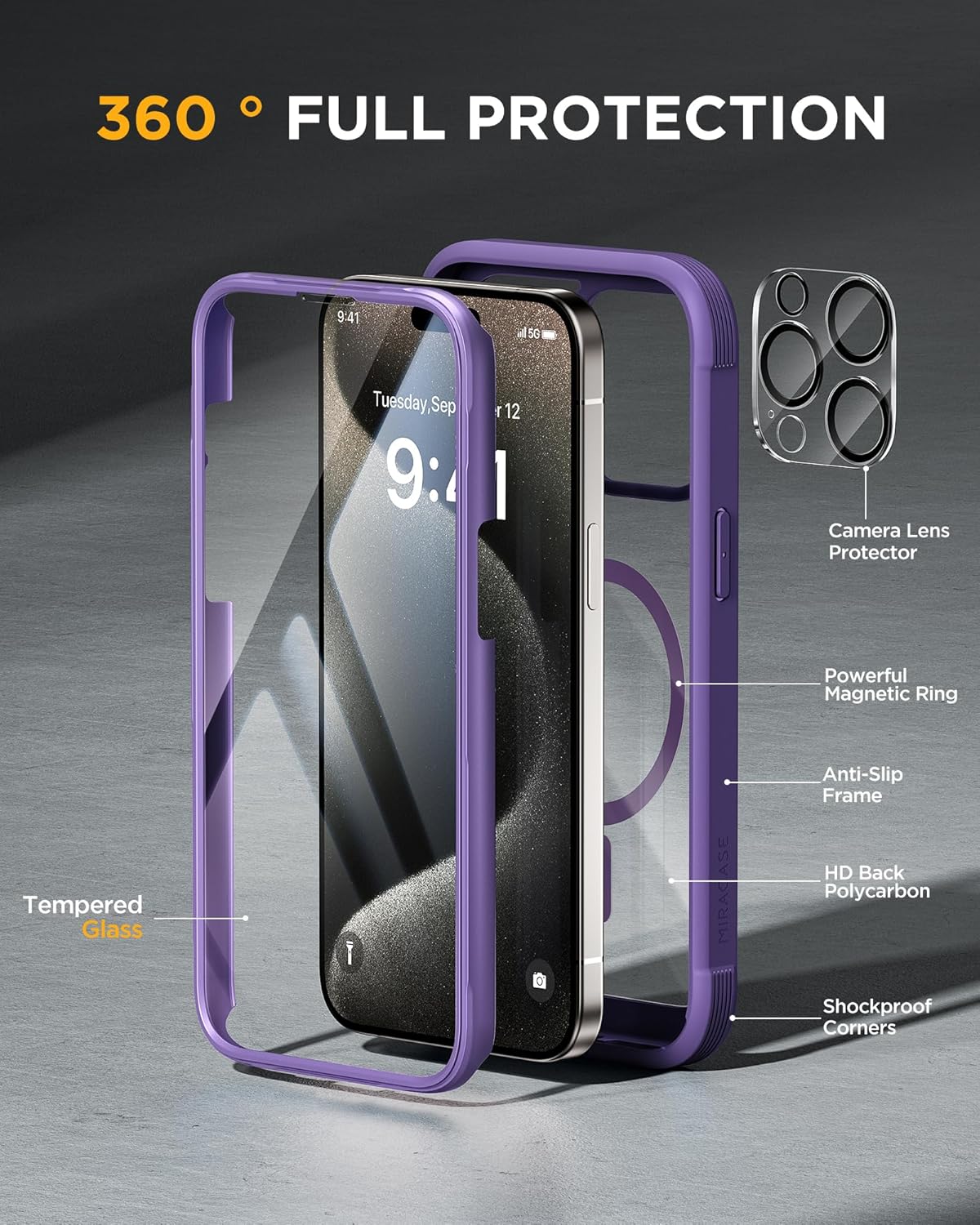 Miracase Magnetic for iPhone 15 Pro Max Case 6.7'' [Compatible with Magsafe] Full-Body Drop Proof Phone Case for iPhone 15 ProMax with Built-in 9H Tempered Glass Screen Protector,Magnetic Purple