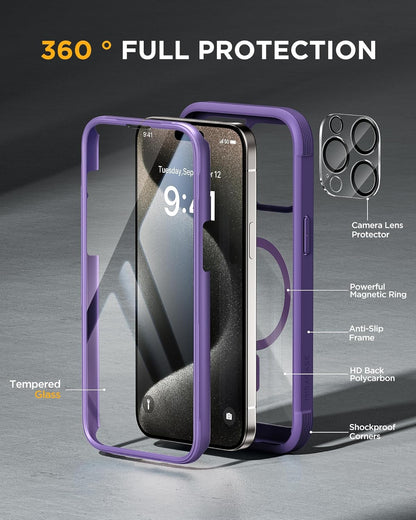 Miracase Magnetic for iPhone 15 Pro Max Case 6.7'' [Compatible with Magsafe] Full-Body Drop Proof Phone Case for iPhone 15 ProMax with Built-in 9H Tempered Glass Screen Protector,Magnetic Purple