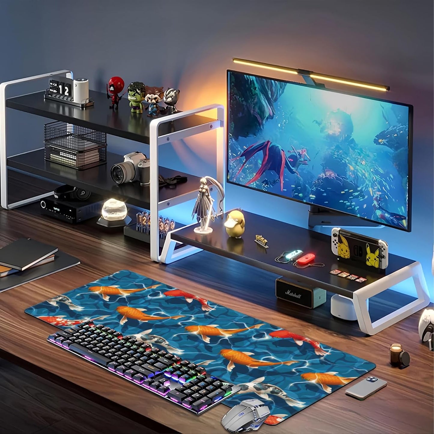 Koi Carps Desk Mat,Large Swimming Koi Fish Gaming Keyboard Mouse Pad,Non-Slip Rubber Base Desk Pad Thick Stitched Edges Waterproof Mousepad Mouse Mat 31.5"x11.8"