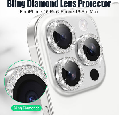 AGVEE 3+3 6 Pack for iPhone 16 Pro 6.3" / 16 Pro Max 6.9" Camera Lens Cover Protector, Bling Diamond & Bling Glitter Metal Ring 9H Tempered HD Glass Camera Cover Protector Film, Bling-Silver