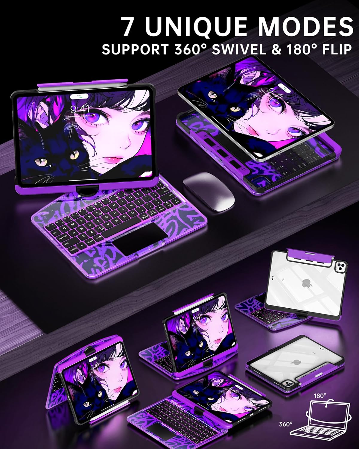 Intermerge for Clear iPad Pro 13" (M4) 2024 Case with Keyboard, 360° Multi-Touch Trackpad, 7-Color RGB Backlit Keyboard, Pencil Holder, Type-C, Power Indicator - Neon Pulse