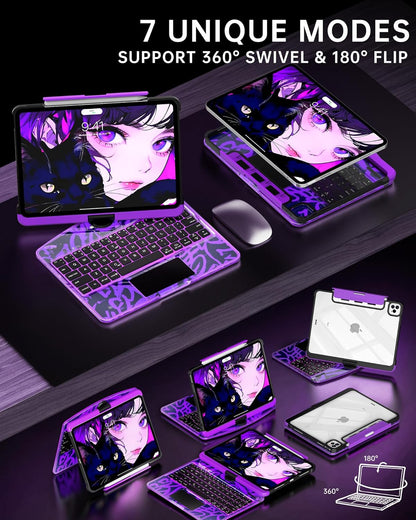 Intermerge for Clear iPad Pro 13" (M4) 2024 Case with Keyboard, 360° Multi-Touch Trackpad, 7-Color RGB Backlit Keyboard, Pencil Holder, Type-C, Power Indicator - Neon Pulse