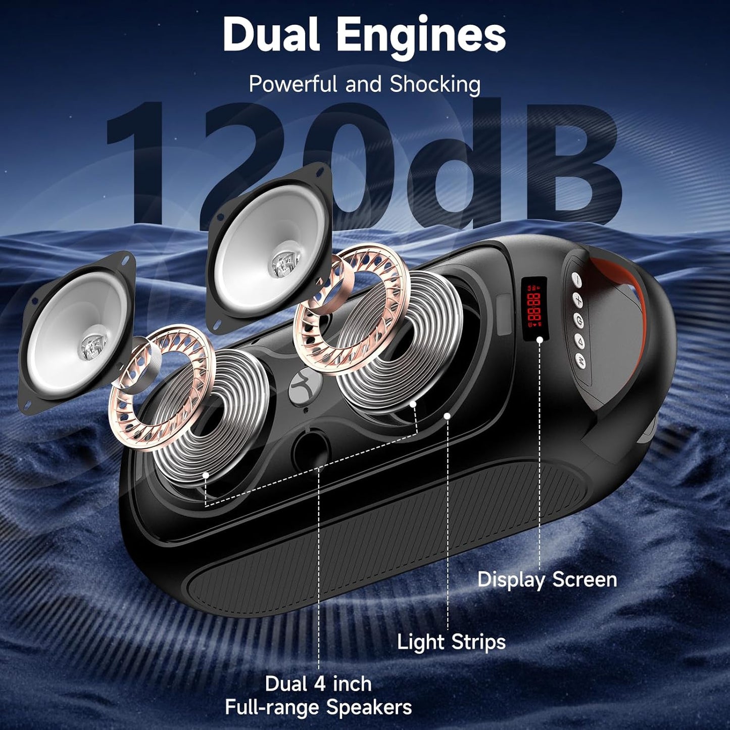 Portable Bluetooth Speaker 120dB Loud with Beat-Sync LED Lights & Dual 4-inch Speakers – 5 RGB Modes + 8 Colors, Bluetooth 5.3, USB/TF/AUX/FM/Mic, TWS Pairing – for Outdoor, Party, Camping & Beach