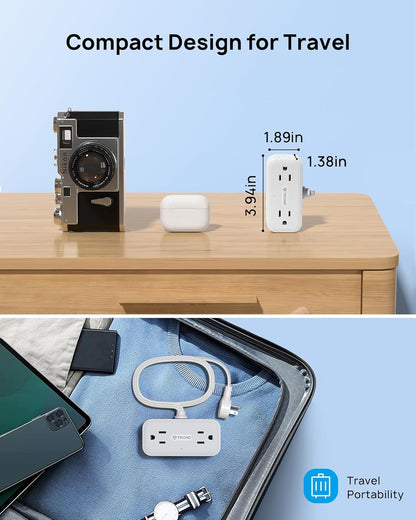 TROND 360° Rotating Flat Plug Power Strip, 5FT Extension Cord with 4 USB Ports, 4 Wide Spaced AC Outlets, Wall Mount, 900J Surge Protector for Office Travel Dorm Room Essentials, White