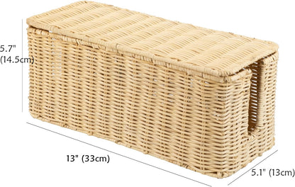 PEMAR Natural Rattan Wicker Cable Management Box, Cable Organizer, 2 Open Slots, Under Desk Cord Organizer, Cover & Hide Power Strips for TV Desk, Computer, Router, USB Hub (Bright Natural Color)