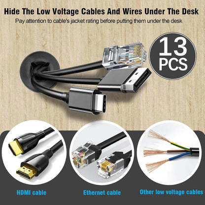 3/4" Black Desk Grommet, JTemgle Flexible Cable Grommet with Bi-Metal Hole Saw Cross Rubber Cable Hole Cover Wire Organizer Caps Desktop Cord Management for Home Office TV Stands Tabletops, 13 Pieces