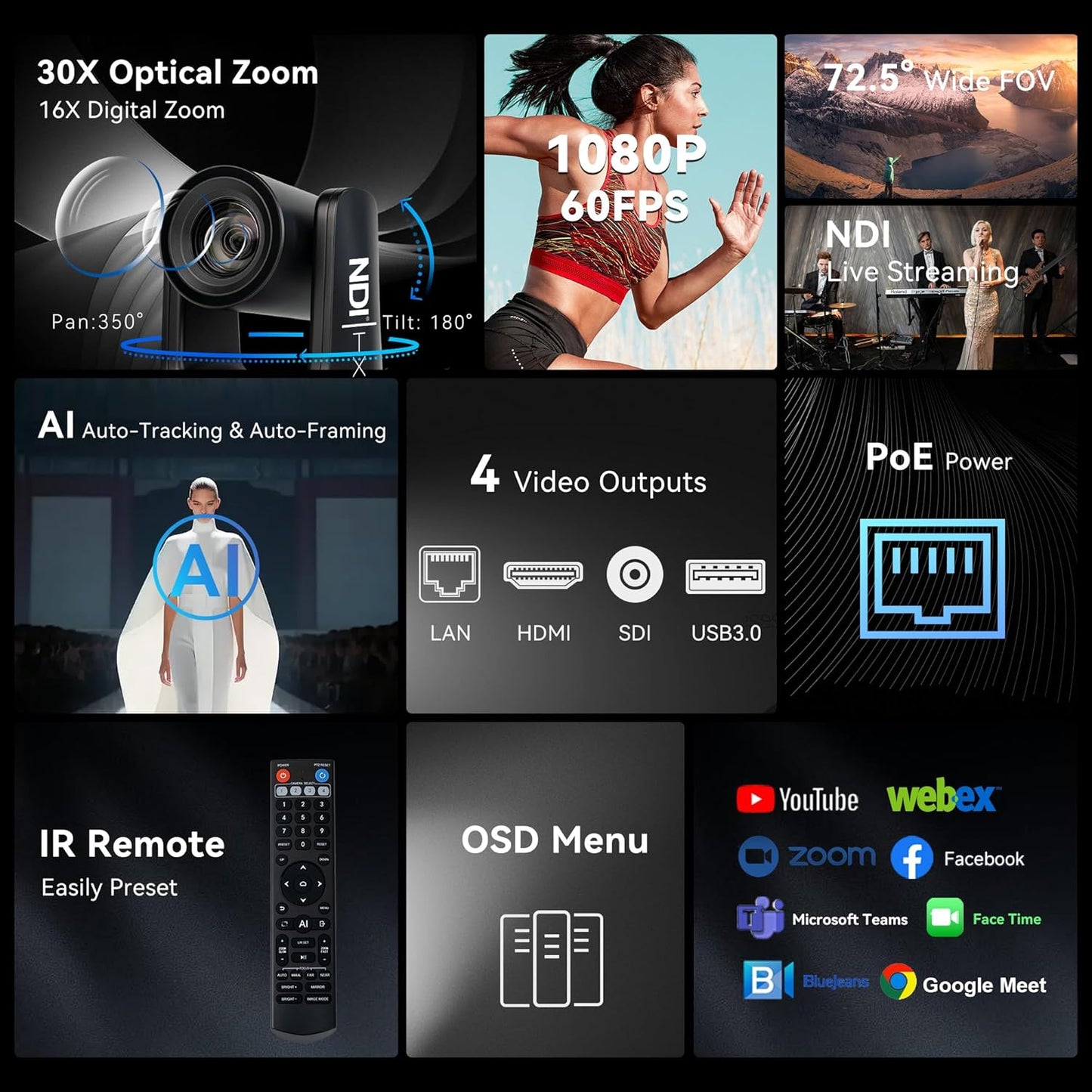 NDI AI Auto-Tracking IP PTZ Camera SDI/HDMI/USB3.0/LAN PoE 30X Optical + 16X Digital Zoom 1080P 60fps for Live Streaming Church Services Education Video Conference with OBS vMix and More