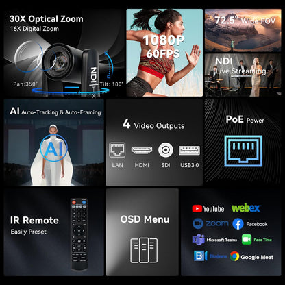 NDI AI Auto-Tracking IP PTZ Camera SDI/HDMI/USB3.0/LAN PoE 30X Optical + 16X Digital Zoom 1080P 60fps for Live Streaming Church Services Education Video Conference with OBS vMix and More