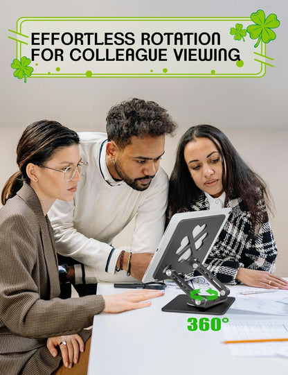 Tablet Stand for iPad, 360° Rotating Aluminum Desktop Holder – Adjustable & Foldable Desk Stand Compatible with iPad Pro 12.9/11, Air 10.9, Samsung Tab S9, Portable for Home Office, Black