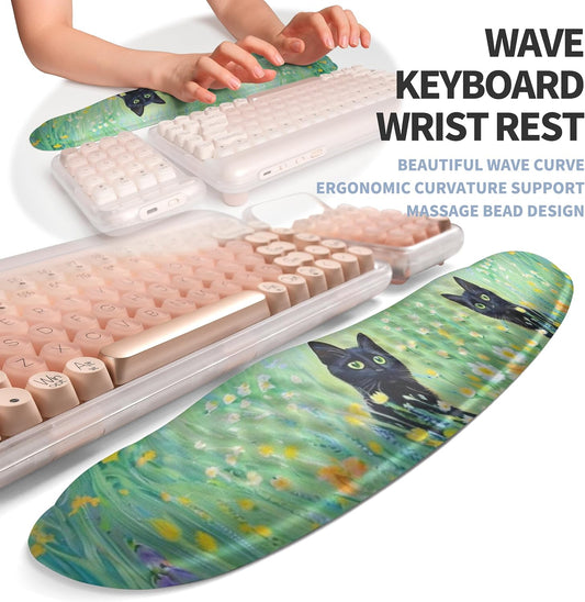 2-in-1 Ergonomic Set, Wave Keyboard Wrist Rest and Massage Slope Mouse Pad Wrist Support, Rebound Memory Foam for Relieve Carpal Tunnel Syndrome and Wrist Pain (Oil Painting Cats)