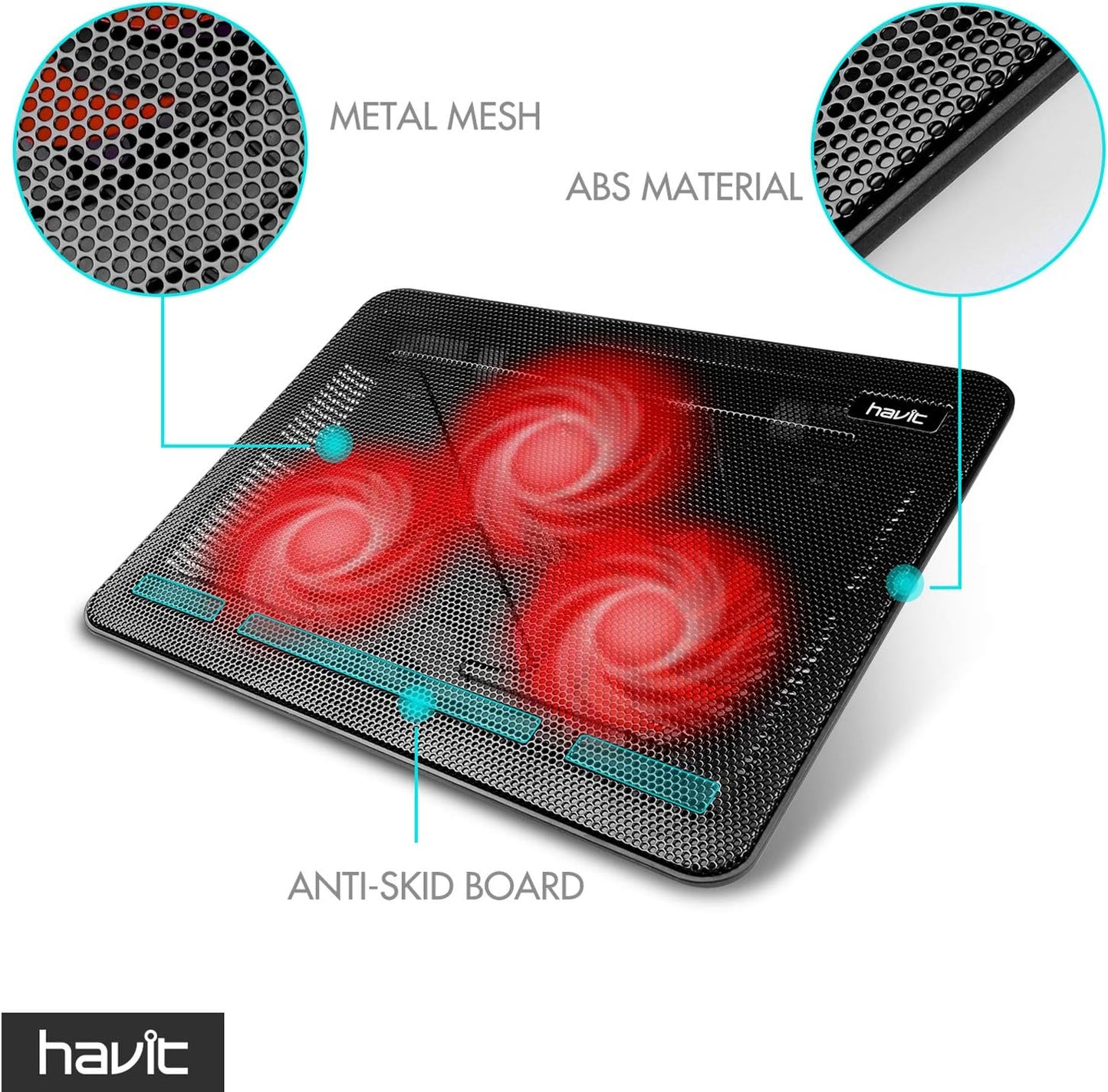 Havit HV-F2056 15.6-17 Inch Laptop Cooler Cooling Pad - Slim Portable USB Powered (3 Fans) (Black+Red)
