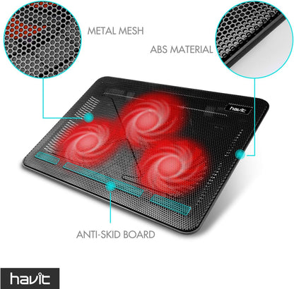 Havit HV-F2056 15.6-17 Inch Laptop Cooler Cooling Pad - Slim Portable USB Powered (3 Fans) (Black+Red)