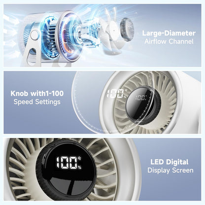 Quiet Small Desk Fan with 100 Speeds Knob switch, Digital Display Portable Rechargeable Fan for Office, Bedroom, Kitchen, Home, Outdoor, 135° Tilt Small Travel Camping Table Fan, White