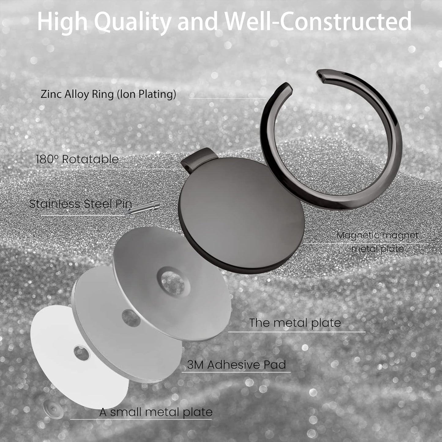 Metal Cell Phone Ring Holder Finger Ring Stand, 360 Degree Rotation Ring Kickstand Grip Holder for Magnetic Car Mount, Black