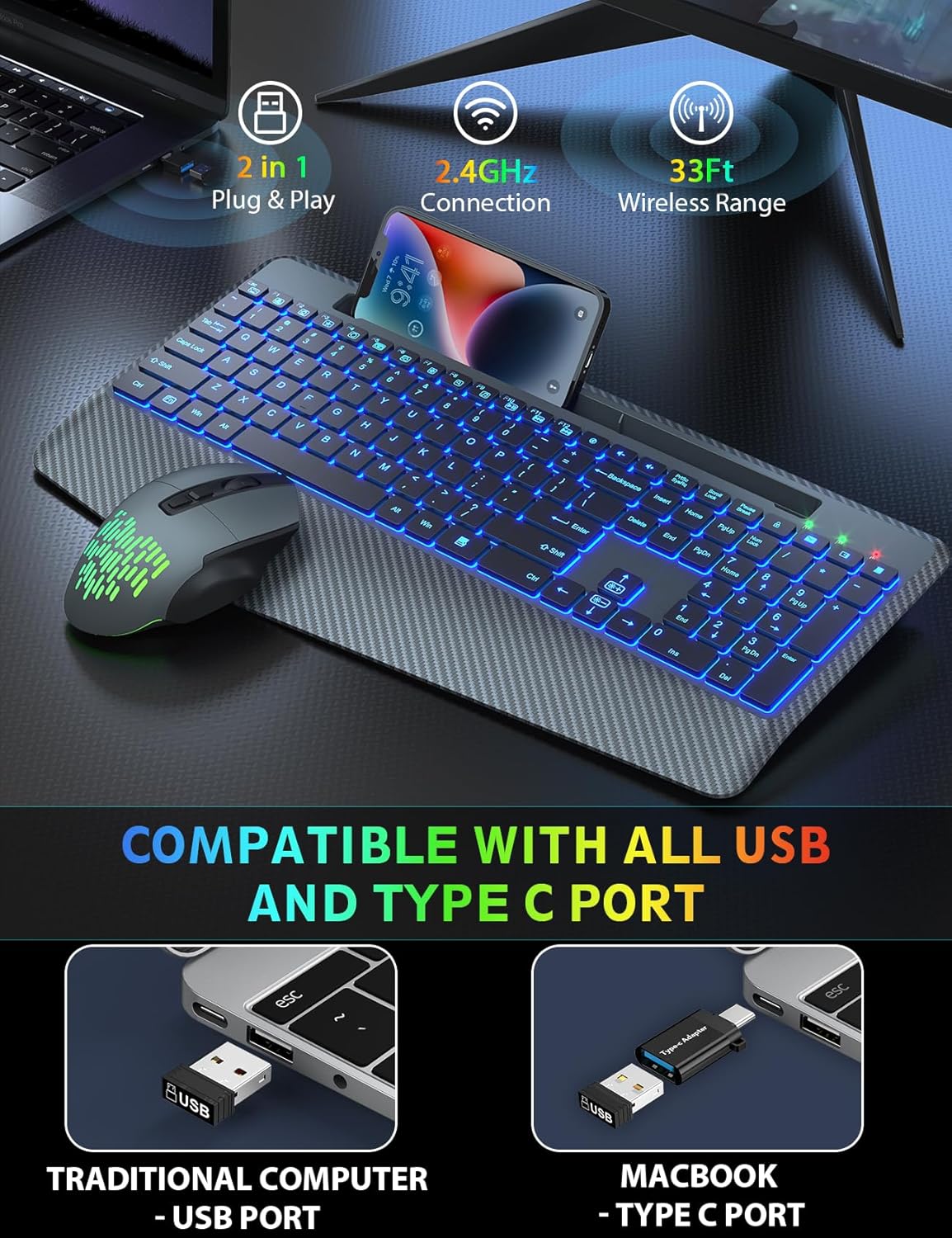 Wireless Keyboard and Mouse Backlits, Wrist Rest, Jiggler Mouse, Rechargeable Ergonomic Keyboard with Phone Holder, Silent Light Up Combo for Computer, Mac, PC, Laptop, Chromebook (Bright Gray)