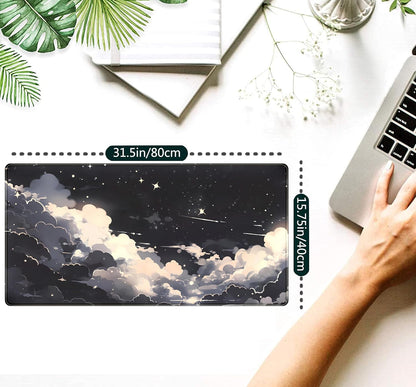 Black Anime Cloud Desk Mat XXL Large Gaming Mouse Pad Computer Laptop Mat, Extended Non-Slip Rubber Base Mousepad Keyboard and Mouse Mat, Night Sky Desk Pad with Stitched Edges, 31.5x15.75 in