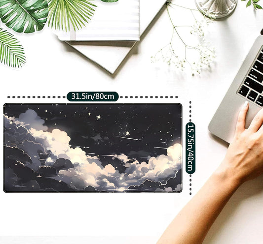 Black Anime Cloud Desk Mat XXL Large Gaming Mouse Pad Computer Laptop Mat, Extended Non-Slip Rubber Base Mousepad Keyboard and Mouse Mat, Night Sky Desk Pad with Stitched Edges, 31.5x15.75 in