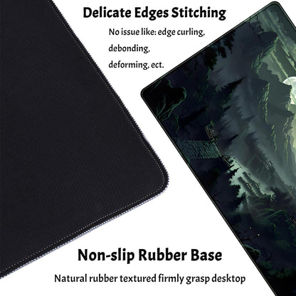XXL Large Gaming Mouse Pad Anime Green Moon Mountains Desk Mat, Desk Decor Mousepad Computer Mat, Non-Slip Rubber Base Desk Pad, Laptop Keyboard and Mouse Mat with Stitched Edges, 31.5x15.75 in