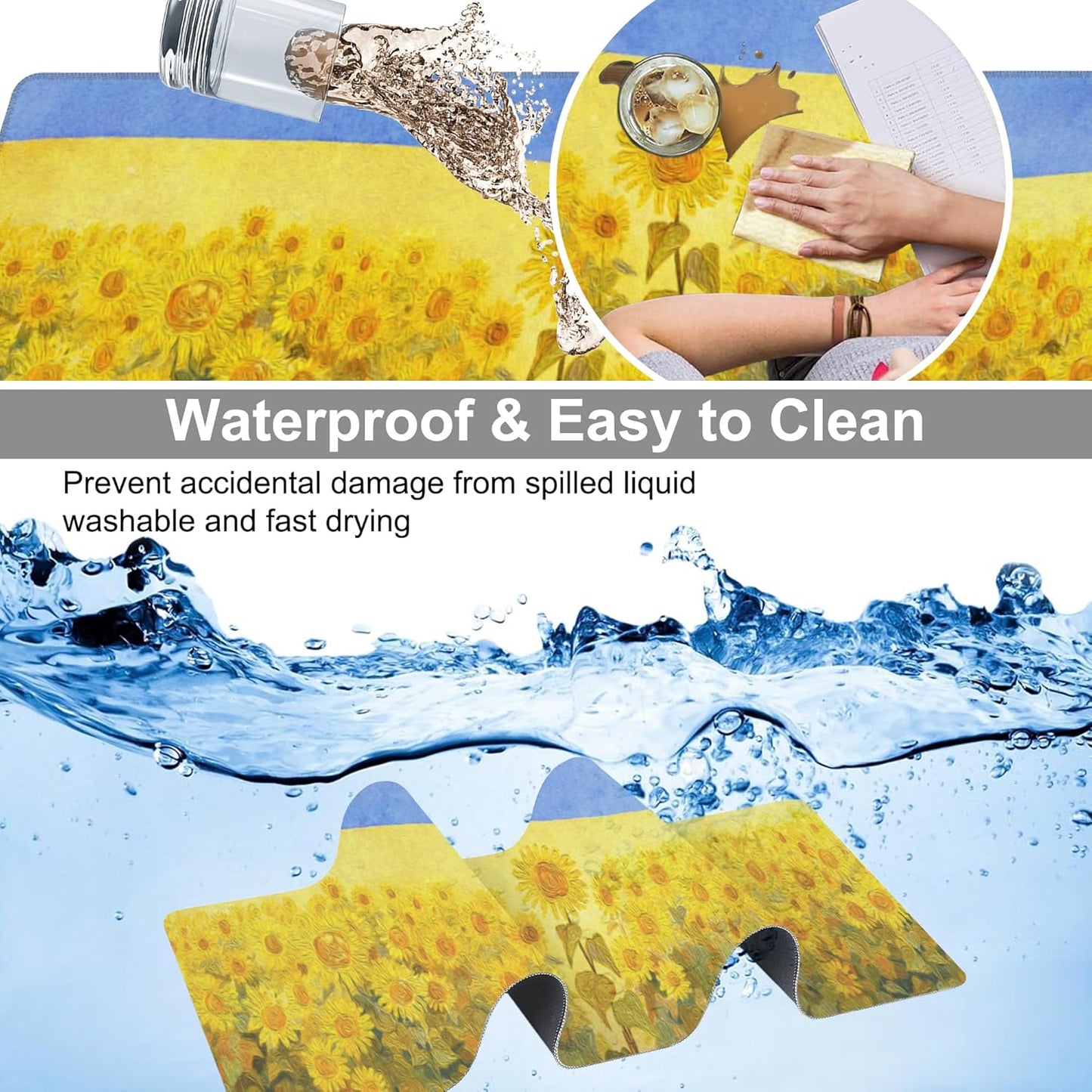 Field of Sunflowers Desk Mat,Large Sunflower Oil Painting Gaming Keyboard Mouse Pad,Non-Slip Rubber Base Desk Pad Thick Stitched Edges Waterproof Mousepad Mouse Mat 31.5"x11.8"