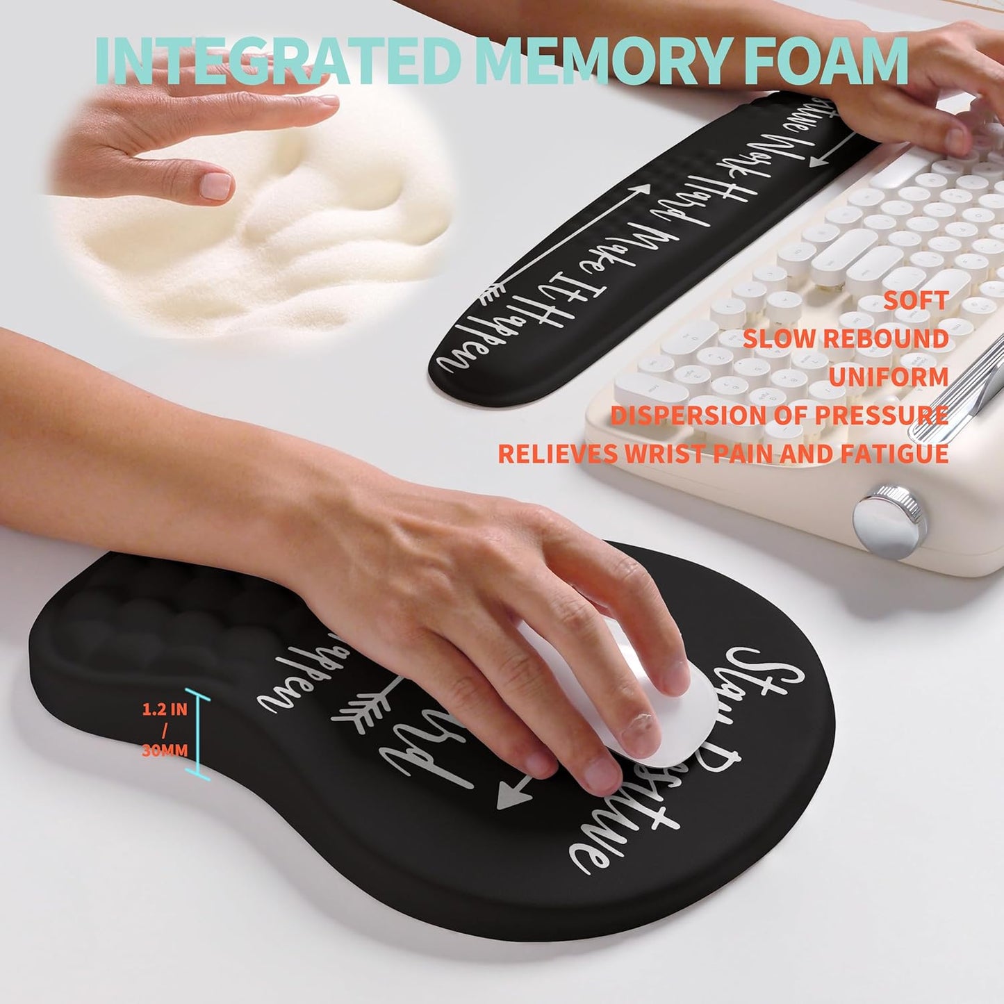 2-in-1 Ergonomic Set, Wave Rise Keyboard Wrist Rest and Massage Bulge Slope Mouse Pad Wrist Support, Cushion Memory Foam Integrated to Relieve Wrist Pain, Stay Positive
