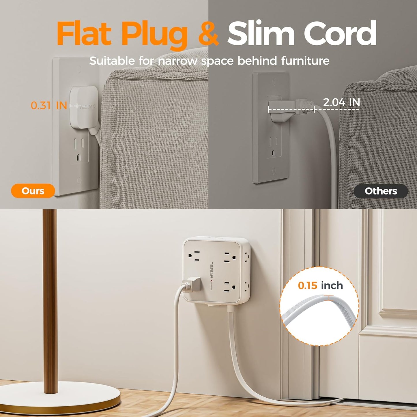 TESSAN Surge Protector Power Strip, 5 Ft Flat Plug Extension Cord with 3 USB (1 USB C) 8 Outlets, 1250W, 900J Protection, 3 Sided Outlet Extender with Power Switch for Office, Dorm Room Essentials