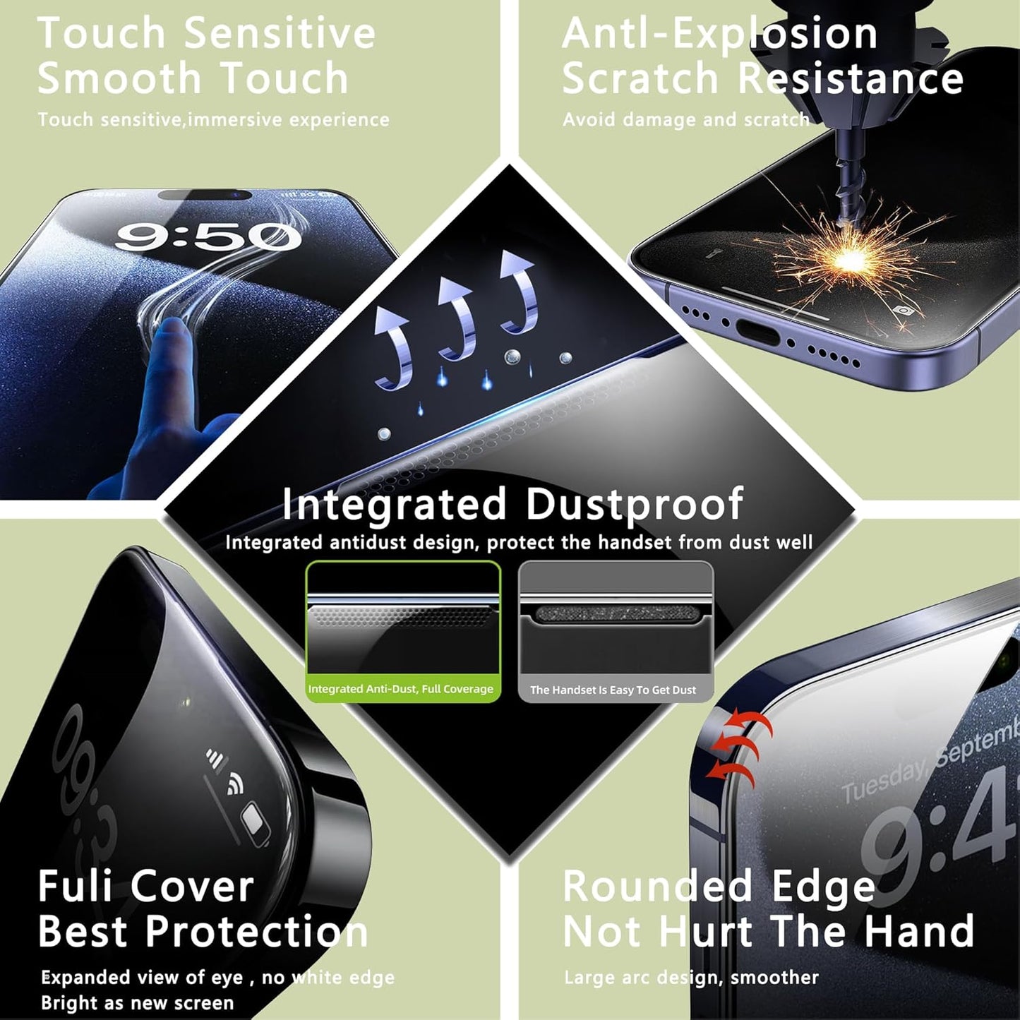 (2-Pack Anti-Spy Privacy Screen Protector for iPhone X/XS/11 Pro(5.8-Inch),9H Tempered Glass,Full Coverage,Anti-Fingerprint,Auto Dust Removal,Bubble-Free,Easy Installation