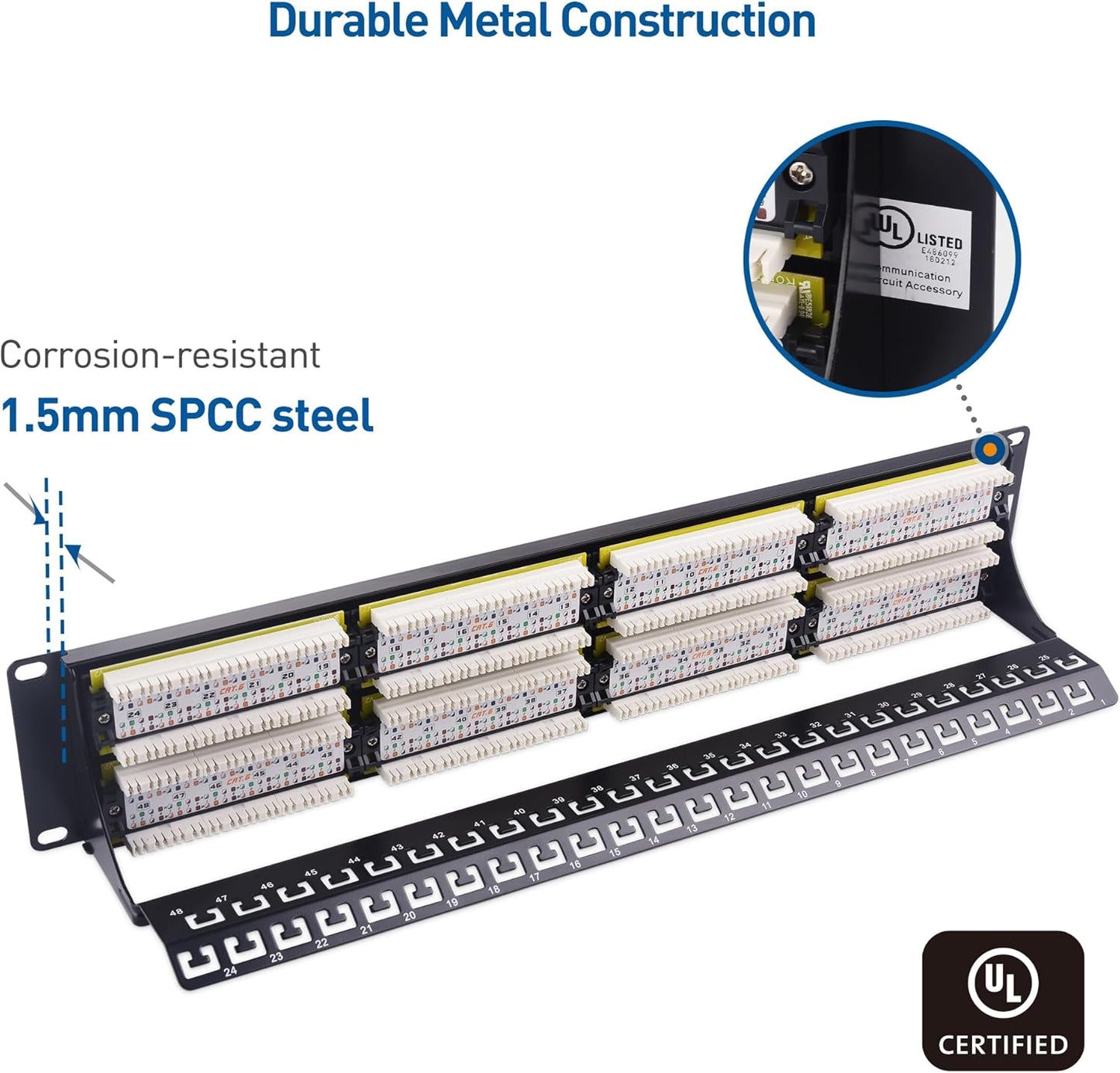 [UL Listed] Cable Matters 48 Port Patch Panel Rackmount or Wall Mount 19-Inch with Support Bar, 2U Cat6 Network Patch Panel for 10 Gigabit Ethernet, 110 or Krone Impact Tools Compatible