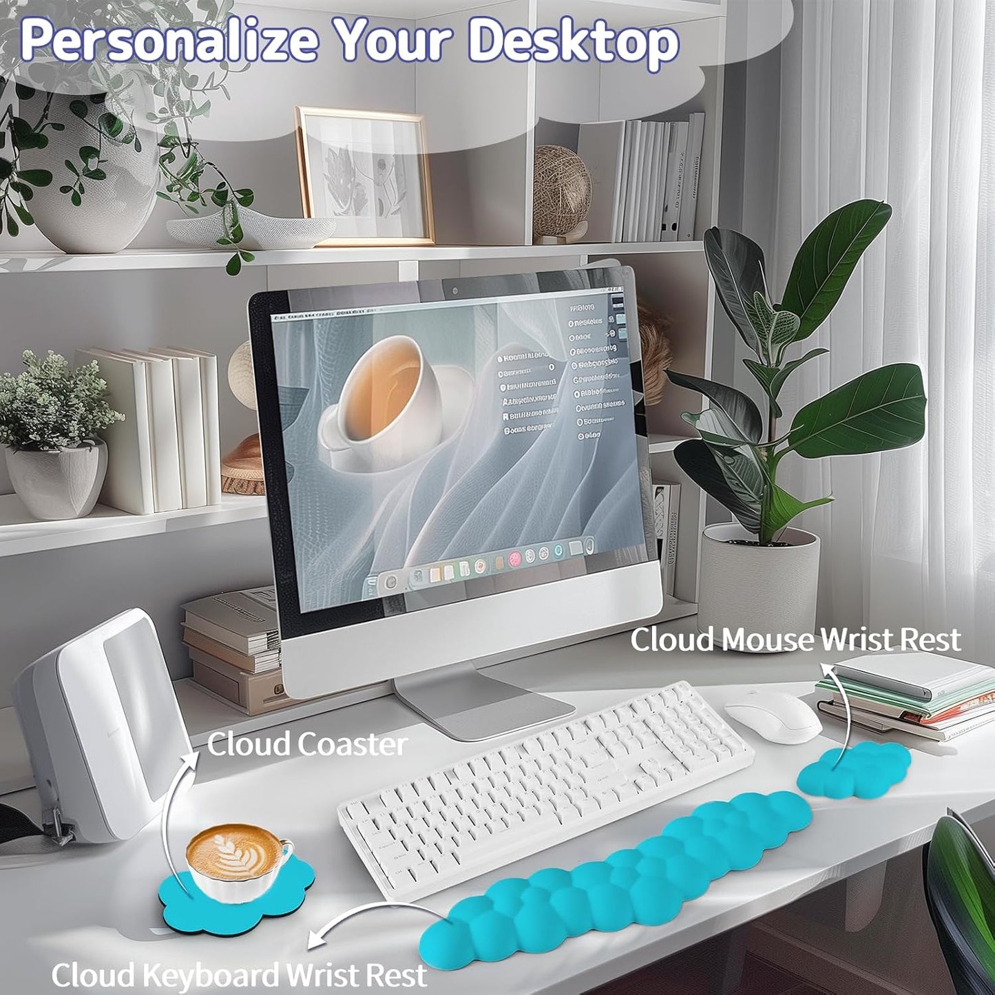 Cloud Wrist Rest for Keyboard and Mouse, Memory Foam PU Leather Keyboard Wrist Rest with Ergonomic Support, Non-Slip Base, Cute Arm Rest Pad & Palm Cushion, Office Desk Accessory, Scuba Blue