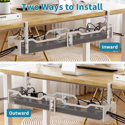 Under Desk Cable Management Tray White, Litwaro Cable Management Under Desk No Drill, 25'' Cable Tray with Clamp for Wire Management, Cord Organizer for Office, Home - No Damage to Table