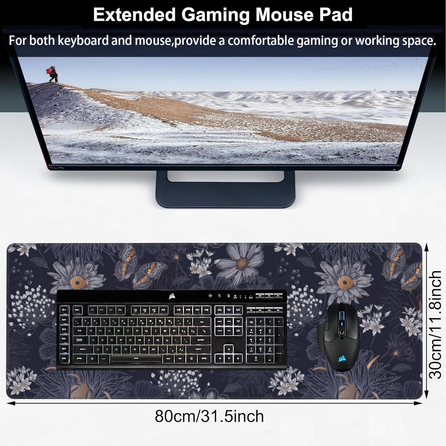 Wildflowers and Insects Desk Mat,Large Cute Flowers Butterflies and Dragonflies Gaming Keyboard Mouse Pad,Non-Slip Rubber Base Desk Pad Thick Stitched Edges Waterproof Mousepad Mouse Mat 31.5"x11.8"