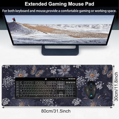 Wildflowers and Insects Desk Mat,Large Cute Flowers Butterflies and Dragonflies Gaming Keyboard Mouse Pad,Non-Slip Rubber Base Desk Pad Thick Stitched Edges Waterproof Mousepad Mouse Mat 31.5"x11.8"