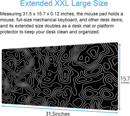 Black and White Topographic Map Gaming Mouse Pad - XXL Extended Desk Mat for Keyboard & Mouse (31.5" x 15.7") with Non-Slip Base & Stitched Edges - Washable Surface for Computer or Gaming Desk