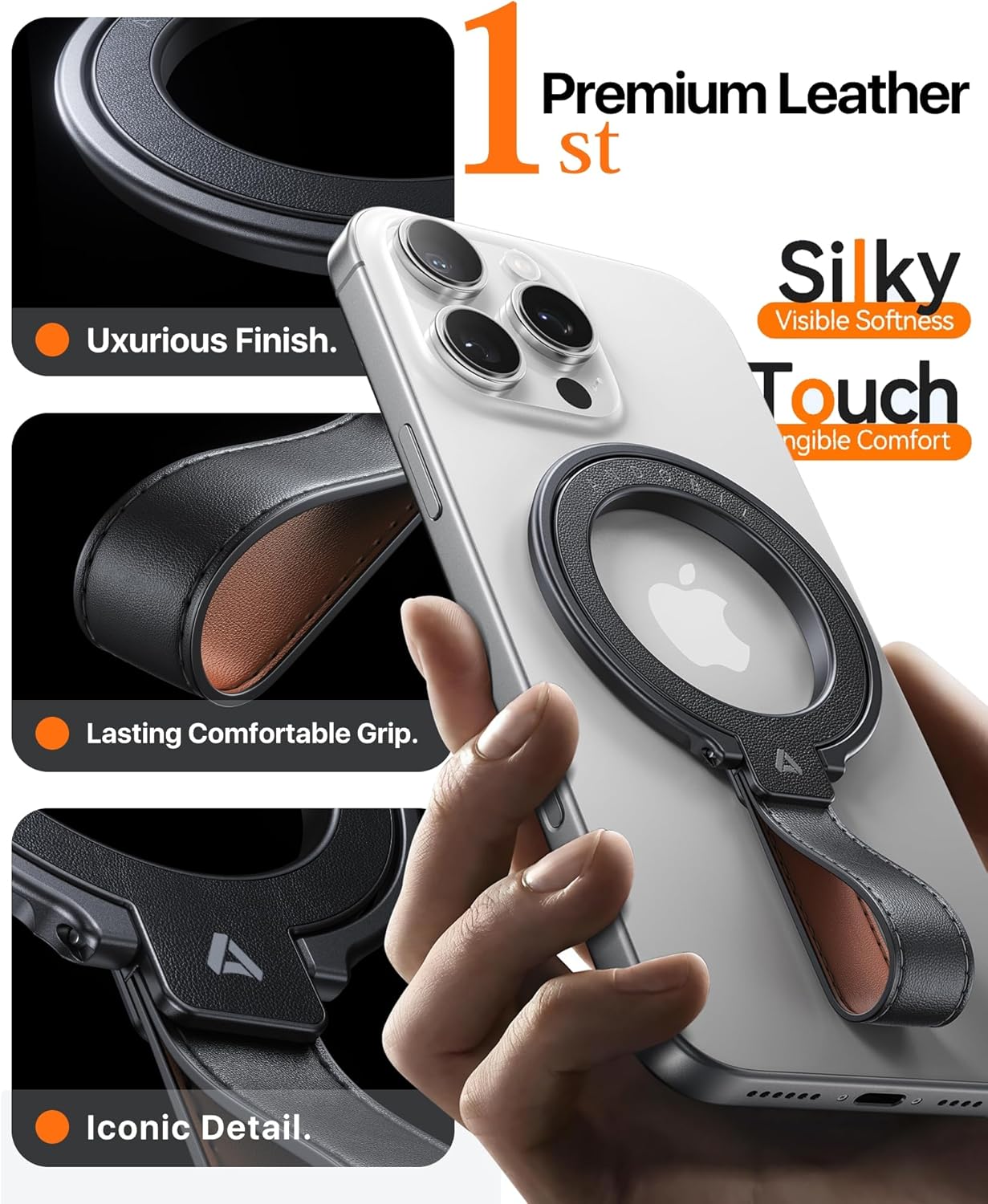 andobil[2025 Premium Leather] Magnetic Phone Grip for MagSafe[Unrivaled Stability] Adjustable Phone Ring Kickstand with Leather Loop Compatible with MagSafe Accessories&iPhone 16/15/14/13,Dark Black