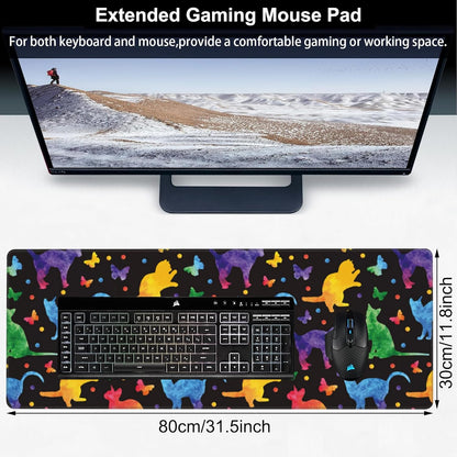 Colorful Cats and Butterflies Desk Mat,Large Watercolor Kittens Butterfly Gaming Keyboard Mouse Pad,Non-Slip Rubber Base Desk Pad Thick Stitched Edges Waterproof Mousepad Mouse Mat 31.5"x11.8"