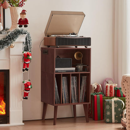 Lerliuo Record Player Stand, Walnut Turntable Stand Holds up to 160 Albums, Mid-Century Vinyl Storage Cabinet Table with Solid Wood Legs, Record Player Holder Dispaly Shelf for Bedroom Living Room