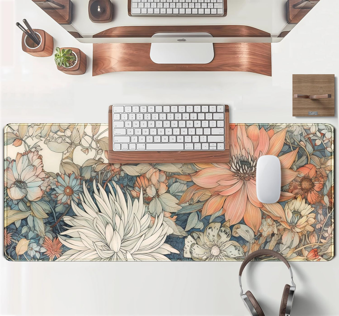 Japanese Minimalist Floral Desk Mat Aesthetic Flowers XL Large Extended Gaming Mouse Pad with Stitched Edges, Big Laptop Computer Keyboard and Mouse Mat for Girl Women Office Decor 31.5x11.8 in