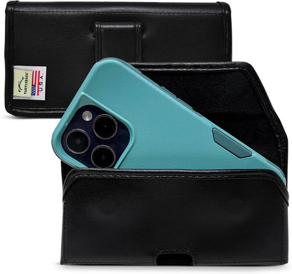 Turtleback Belt Holder for iPhone 16 Pro, 16e, 15 pro 14 Pro 13 Pro -Medium- Fits w/Shockproof Commuter Style Cases, Premium Black Leather Horizontal Case, Magnetic Closure, Leather Wrapped Clip