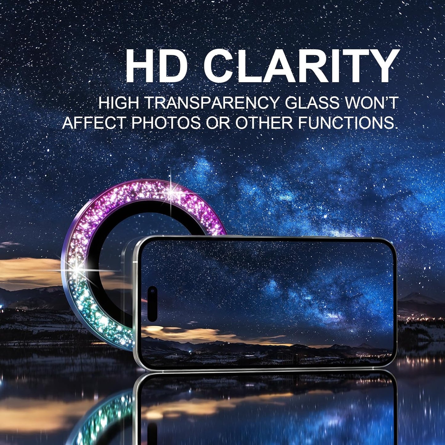 Choiche Compatible for iPhone 16 Pro/iPhone 16 Pro Max Camera Lens Protector Bling, 9H Tempered Glass Camera Cover Screen Protector Metal Ring Decoration Accessories (Glitter-Colorful)