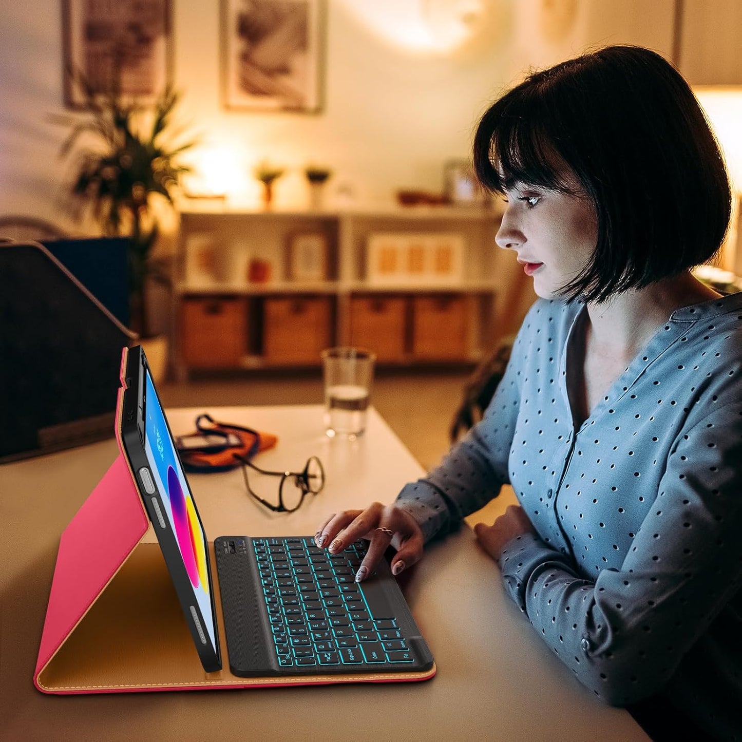 DTTO for iPad 11th (A16)/ 10th Generation Case with Keyboard (2025/2022), 7 Colors Backlit Wireless Detachable Keyboard Leather Folio Cover with Pencil Holder & Pocket, Rose Red A2