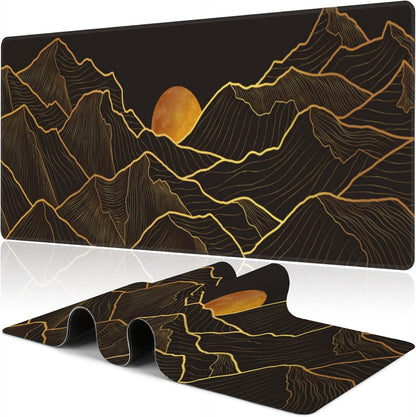 Golden Mountain and Moon Desk Mat,Large Luxury Gold Line Art Gaming Keyboard Mouse Pad,Non-Slip Rubber Base Desk Pad Thick Stitched Edges Waterproof Mousepad Mouse Mat 31.5"x11.8"