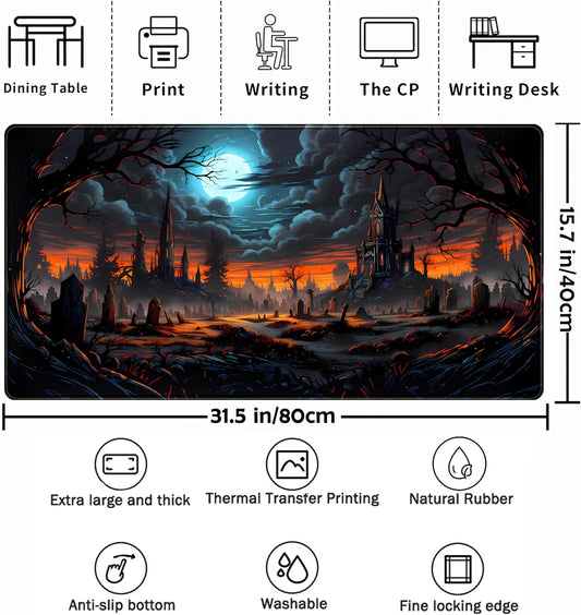 Dark Fantasy Castle Desk Pad Extended Gaming Mouse Pad, XXL Large Computer Laptop Keyboard Wireless Mouse Mat, Office Desk Decor Mousepad Deskmat with Stitched Edges Matt 31.5x15.7 in
