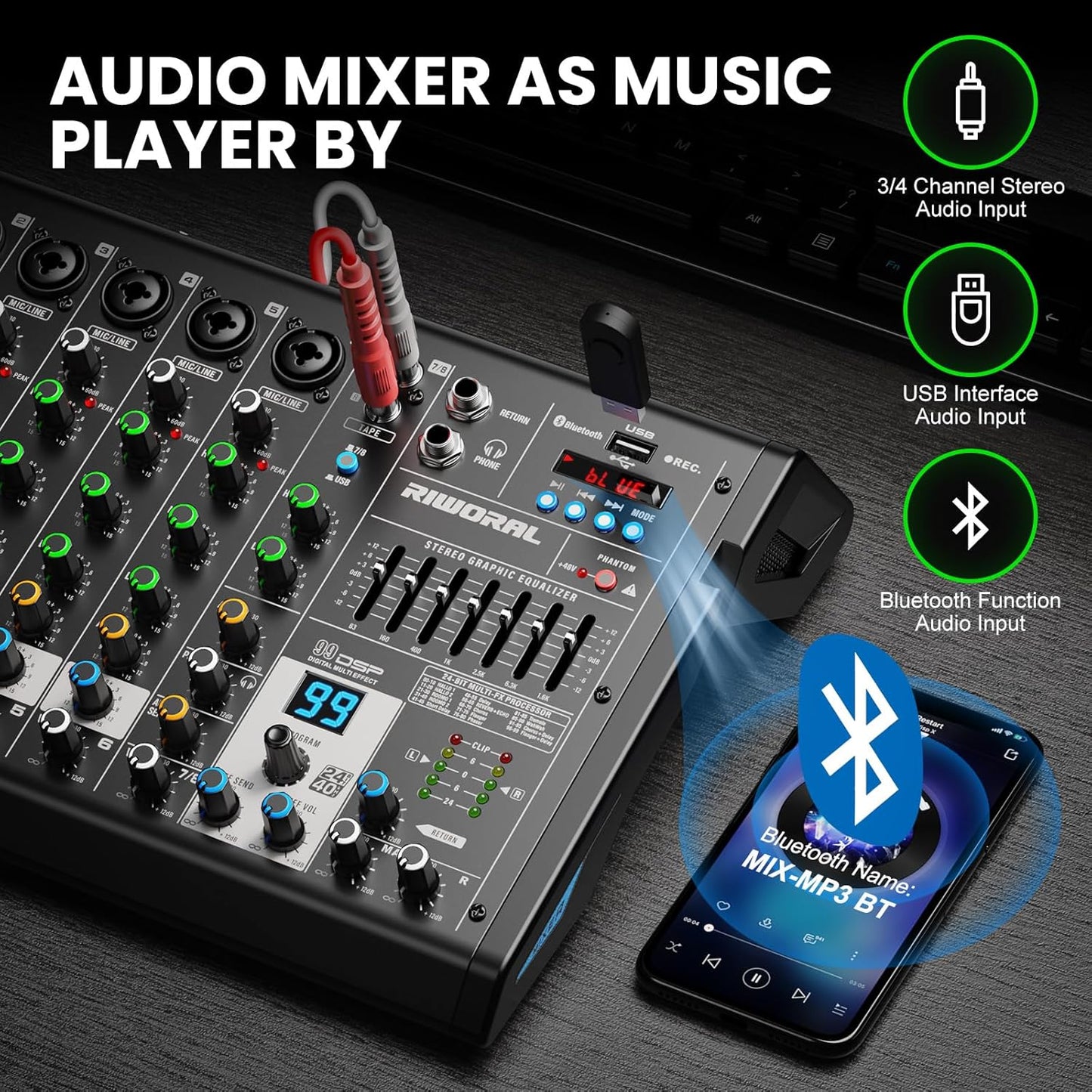 8 Channel Audio Interface DJ Mixing Sound Board 16 DSP Digital Effects With 40khz/24bit Bluetooth USB Rac Interface As Mp3 Player Audio Mixer For Karaoke Streaming Recording