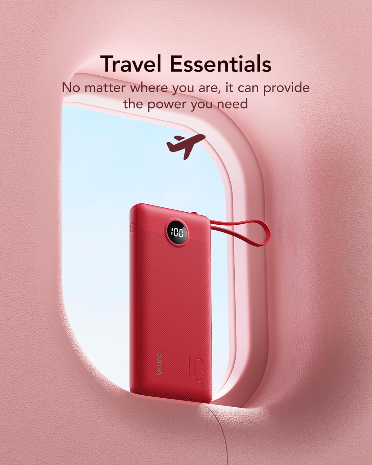 VRURC Portable Charger, 10000mAh Power Bank Built in Cables for iPhone, Slim Compact Travel Essentail, 5 Outputs 2 Inputs USB C Battery Pack for iPhone 16 15 14 13, Samsung, Android etc-Red