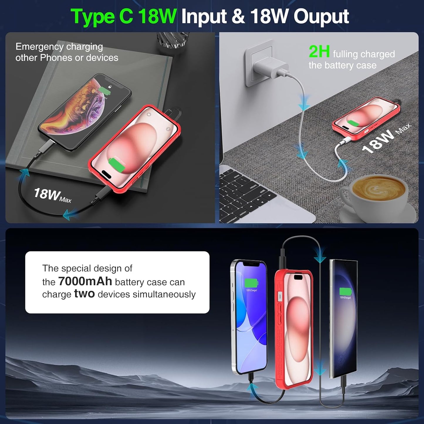 GIN FOXI Fast Charging Battery Case for iPhone 15/15 Pro, 7000mAh 15W Ultra Slim Charger Case Rechargeable Portable Extended Power Bank Case Cover Battery Pack Built-in Cable, Red (6.1”)